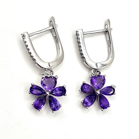 Genuine Amethyst Pear Cut Sterling Silver Dangle Earrings - Picture 1 of 4